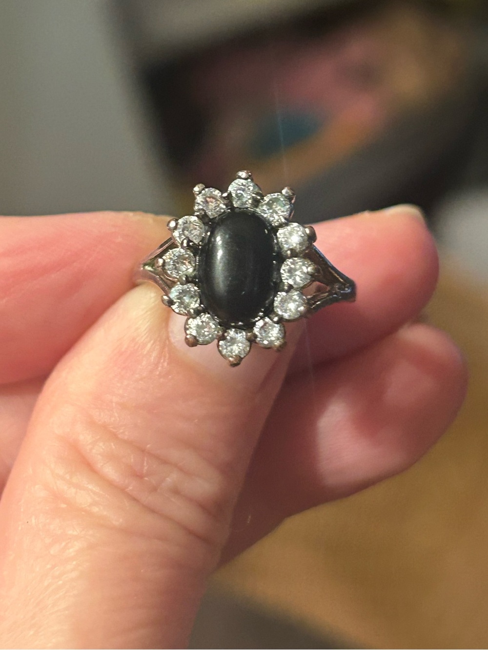 Black Onyx Halo Ring with Clear Accent Stones - Women Jewelry